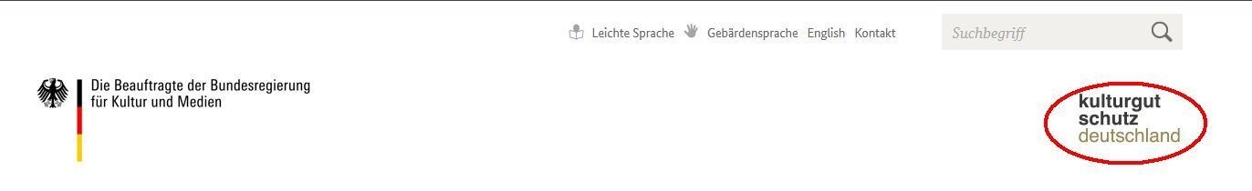 Screenshot der Kopfzeile mit Markierung des "Kulturgutschutz Deutschland"-Logos Screenshot der Kopfzeile mit Markierung des "Kulturgutschutz Deutschland"-Logos