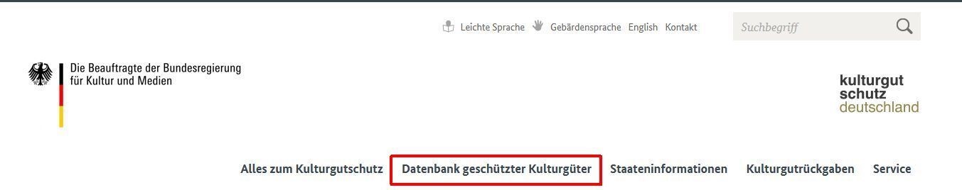Screenshot der Kopfzeile mit Markierung des Reiters "Datenbank geschützter Kulturgüter" Screenshot der Kopfzeile mit Markierung des Reiters "Datenbank geschützter Kulturgüter"