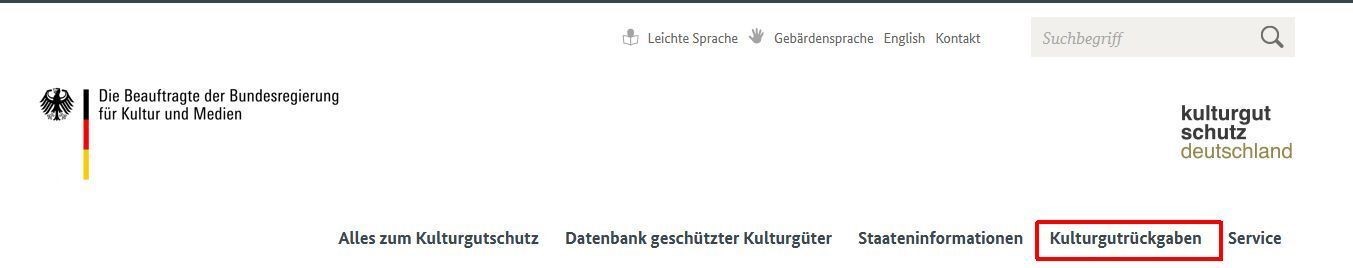 Screenshot der Kopfzeile mit Markierung des Reiters "Kulturgutrückgaben" Screenshot der Kopfzeile mit Markierung des Reiters "Kulturgutrückgaben"