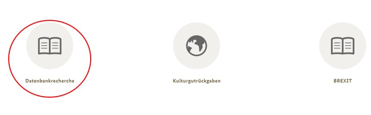Screenshot der drei Themeneinstiege auf der Startseite mit Markierung des Bereichs "Datenbankrecherche" Screenshot der drei Themeneinstiege auf der Startseite mit Markierung des Bereichs "Datenbankrecherche"