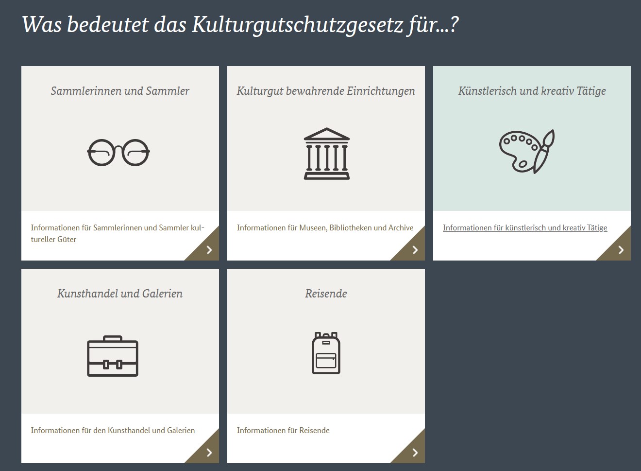 Screenshot des Bereichs "Was bedeutet das Kulturgutschutzgesetz für...?" auf der Startseite Screenshot des Bereichs "Was bedeutet das Kulturgutschutzgesetz für...?" auf der Startseite