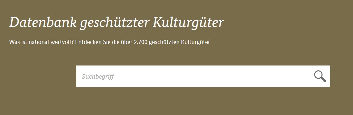 Screenshot der Suchleiste für die Datenbank geschützter Kulturgüter auf der Startseite Screenshot der Suchleiste für die Datenbank geschützter Kulturgüter auf der Startseite