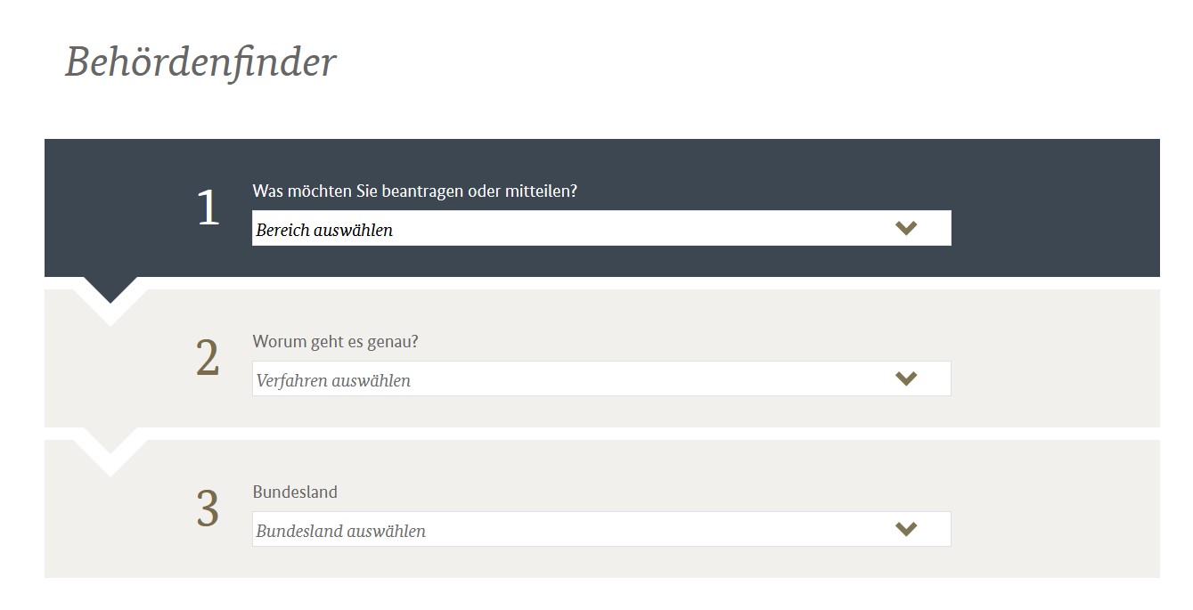 Screenshot des Behördenfinders auf der Startseite Screenshot des Behördenfinders auf der Startseite