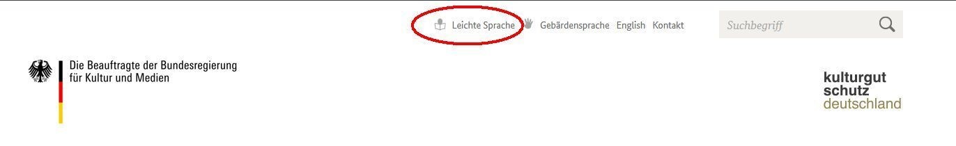 Screenshot der Kopfzeile mit Markierung des Buttons für Leichte Sprache Screenshot der Kopfzeile mit Markierung des Buttons für Leichte Sprache