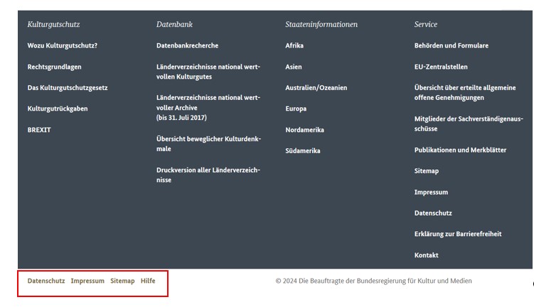 Screenshot der Fußzeile mit Markierung der der Links zu den Bereichen Datenschutz, Impressum, Sitemap und Hilfe Screenshot der Fußzeile mit Markierung der der Links zu den Bereichen Datenschutz, Impressum, Sitemap und Hilfe