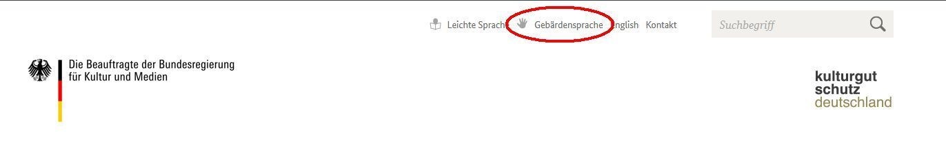 Screenshot der Kopfzeile mit Markierung des Buttons für Gebärdensprache Screenshot der Kopfzeile mit Markierung des Buttons für Gebärdensprache